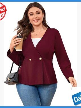 Plus Size V-Neck Blazer 3/4 Sleeve Slim Fit Workwear Jacket
